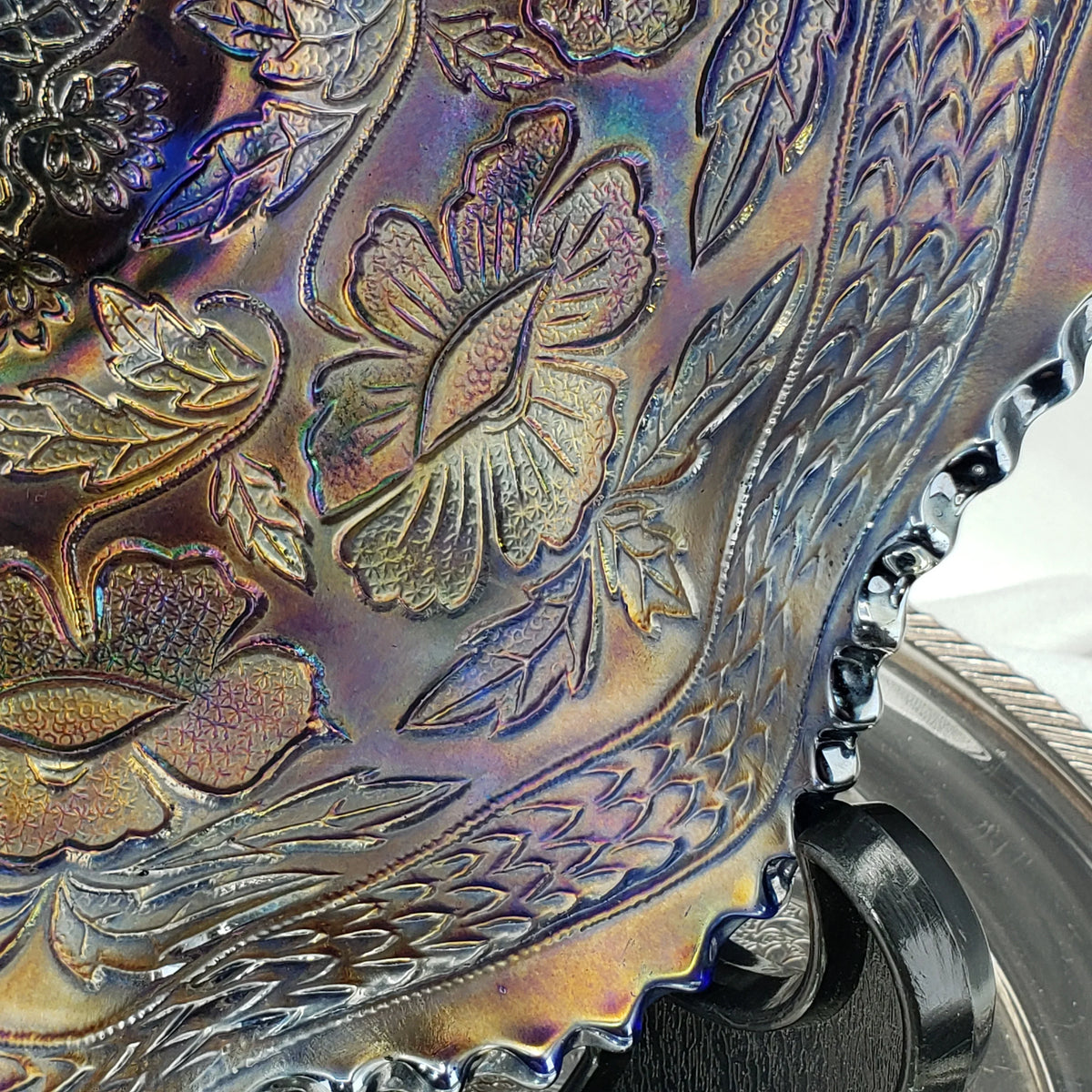 Antique Fenton Two Flowers Carnival Glass Bowl – Cobalt Blue Base – Ball Footed Iridescent Bowl