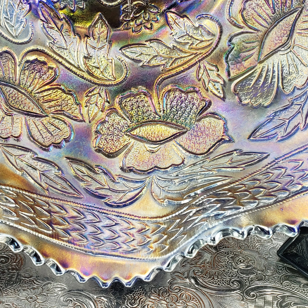 Antique Fenton Two Flowers Carnival Glass Bowl – Cobalt Blue Base – Ball Footed Iridescent Bowl