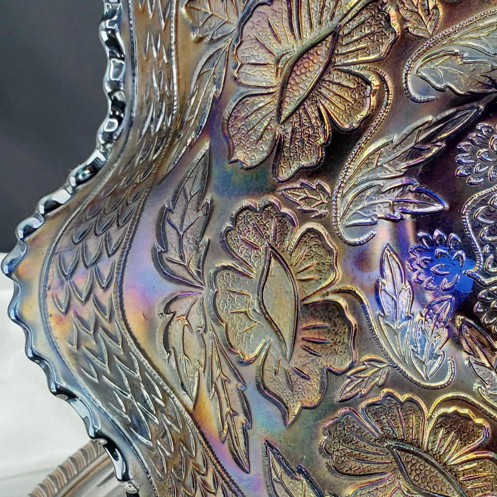 Antique Fenton Two Flowers Carnival Glass Bowl – Cobalt Blue Base – Ball Footed Iridescent Bowl