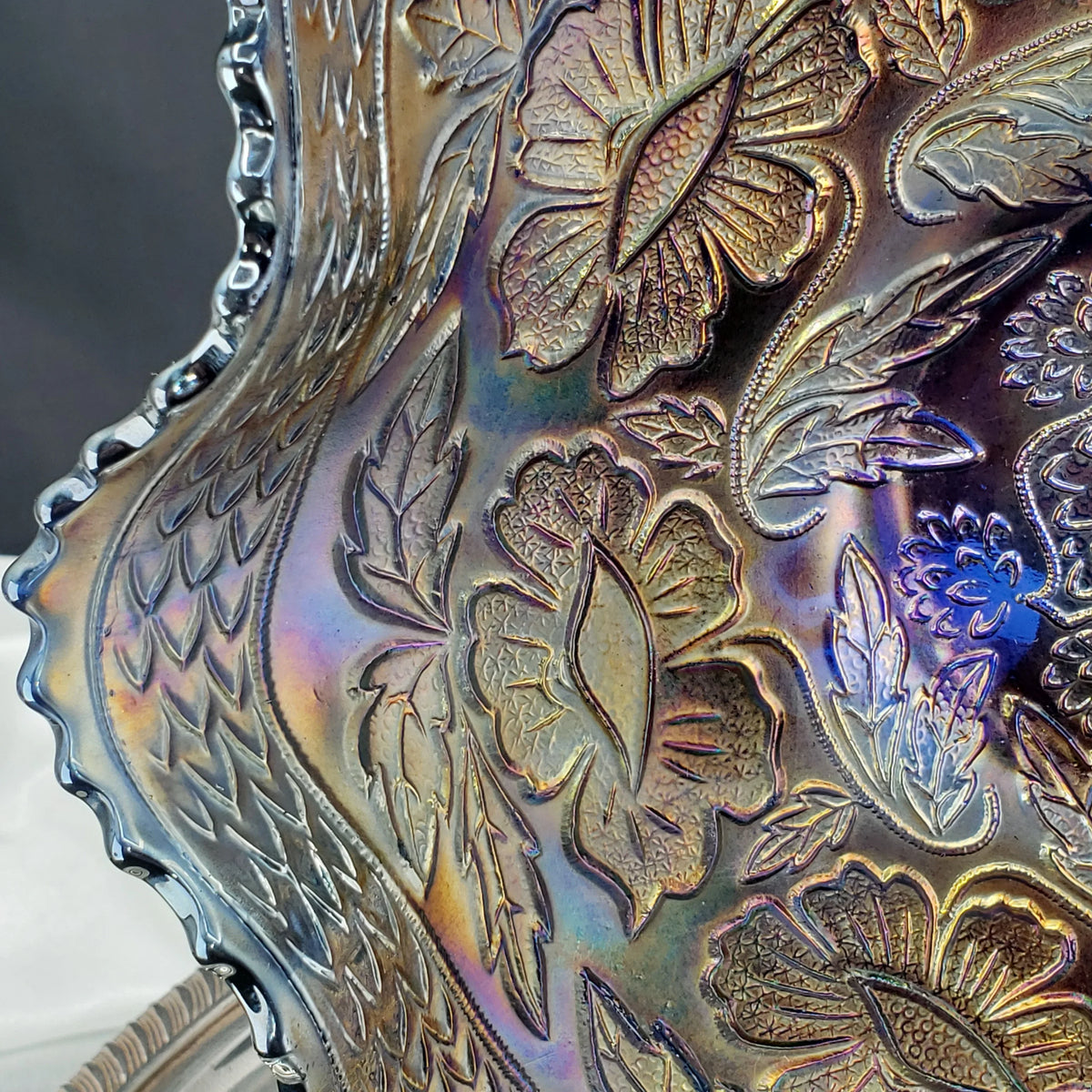 Antique Fenton Two Flowers Carnival Glass Bowl – Cobalt Blue Base – Ball Footed Iridescent Bowl