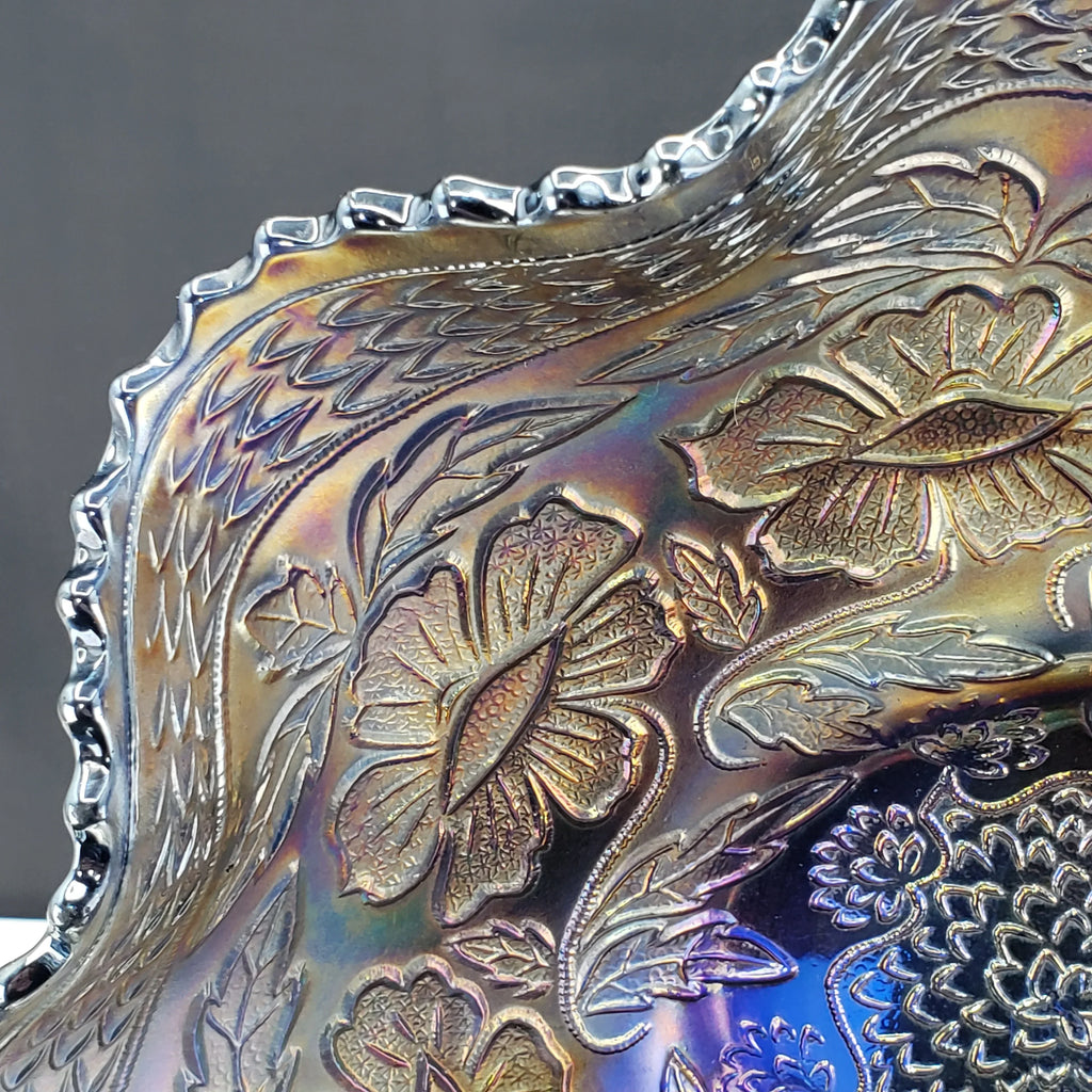 Antique Fenton Two Flowers Carnival Glass Bowl – Cobalt Blue Base – Ball Footed Iridescent Bowl