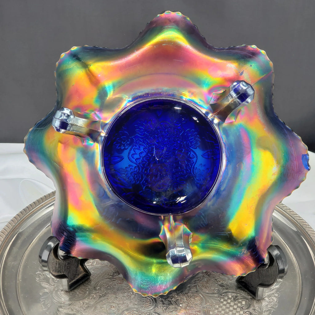 Antique Fenton Two Flowers Carnival Glass Bowl – Cobalt Blue Base – Ball Footed Iridescent Bowl