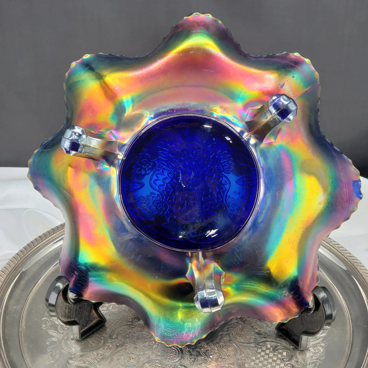 Antique Fenton Two Flowers Carnival Glass Bowl – Cobalt Blue Base – Ball Footed Iridescent Bowl