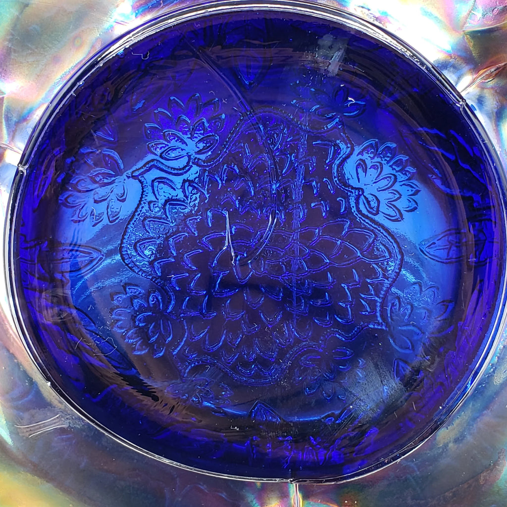 Antique Fenton Two Flowers Carnival Glass Bowl – Cobalt Blue Base – Ball Footed Iridescent Bowl