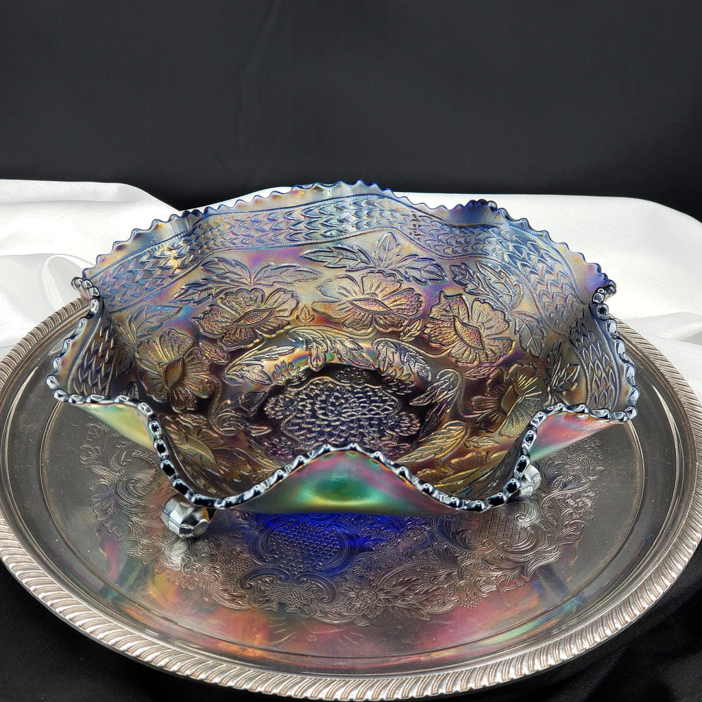 Antique Fenton Two Flowers Carnival Glass Bowl – Cobalt Blue Base – Ball Footed Iridescent Bowl