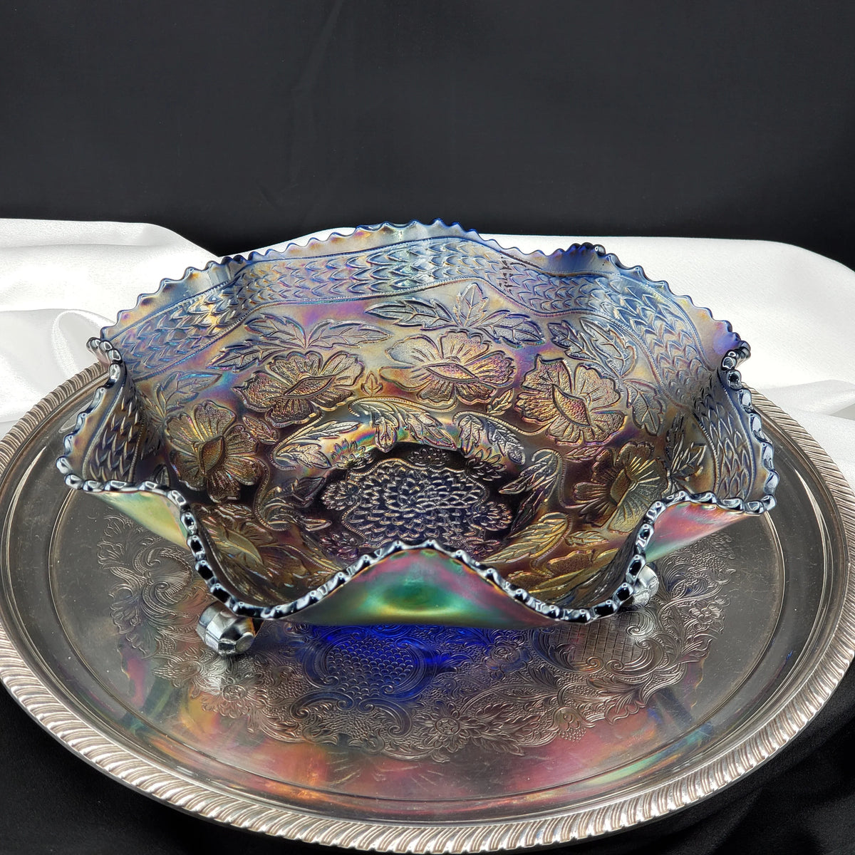 Antique Fenton Two Flowers Carnival Glass Bowl – Cobalt Blue Base – Ball Footed Iridescent Bowl