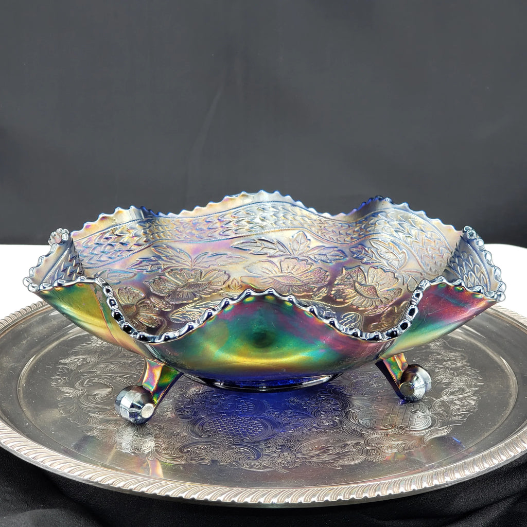 Antique Fenton Two Flowers Carnival Glass Bowl – Cobalt Blue Base – Ball Footed Iridescent Bowl
