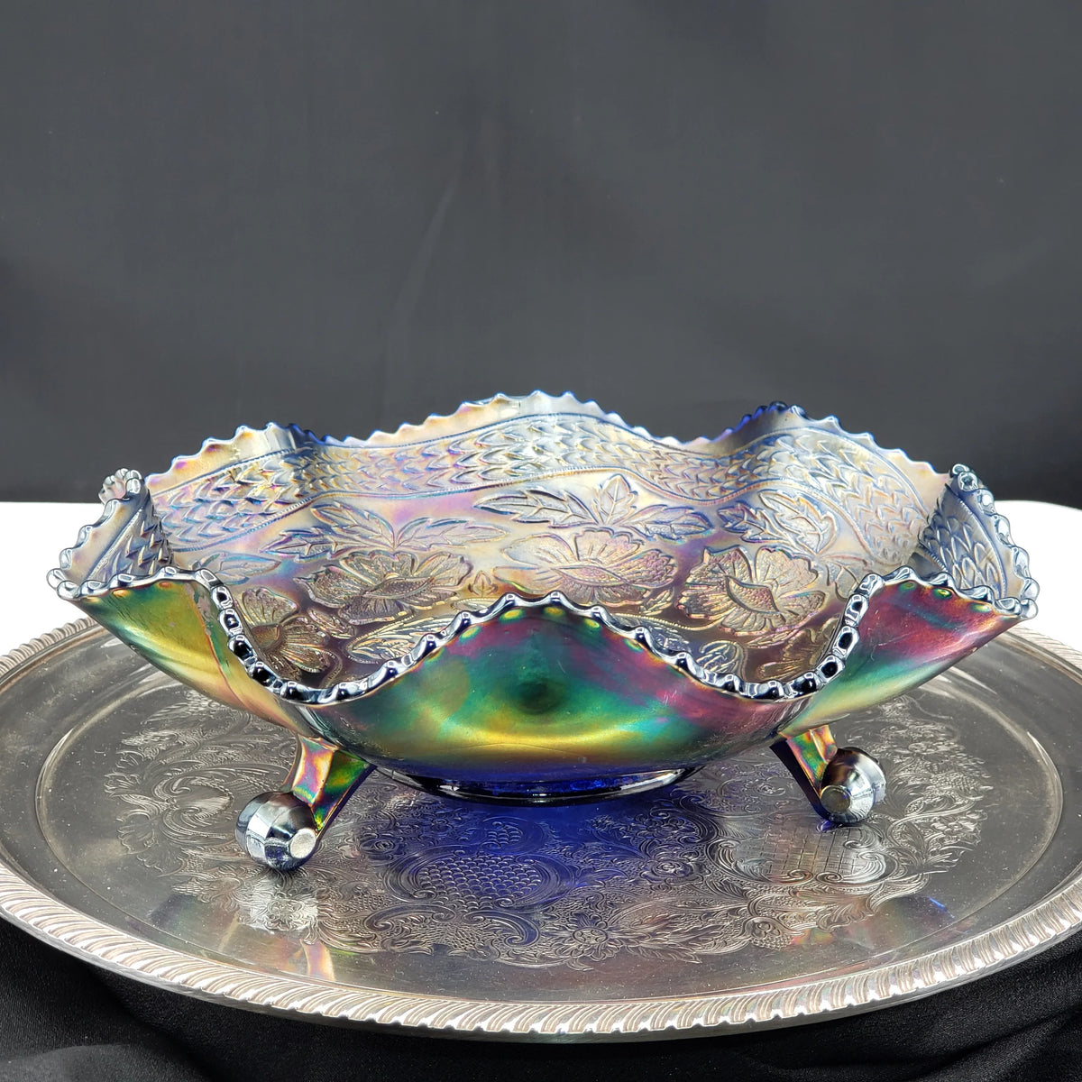 Antique Fenton Two Flowers Carnival Glass Bowl – Cobalt Blue Base – Ball Footed Iridescent Bowl