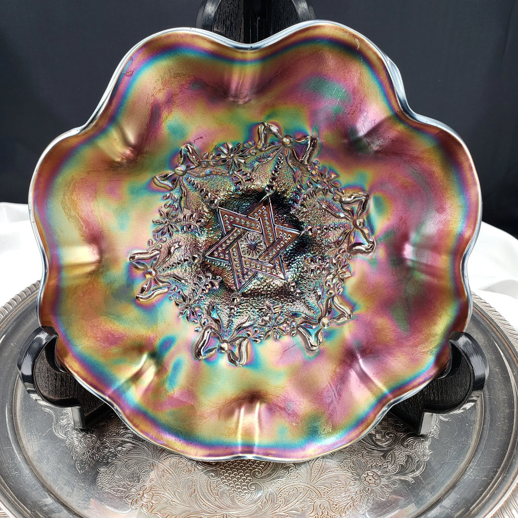 Antique Northwood Star of David & Bows Carnival Glass Bowl