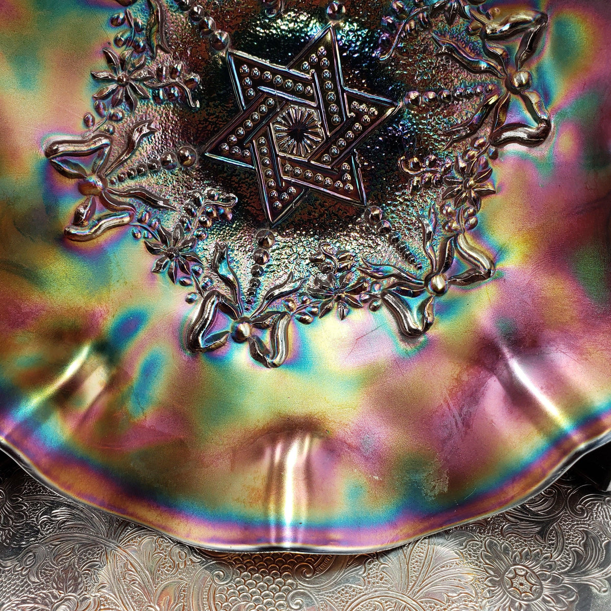 Antique Northwood Star of David & Bows Carnival Glass Bowl