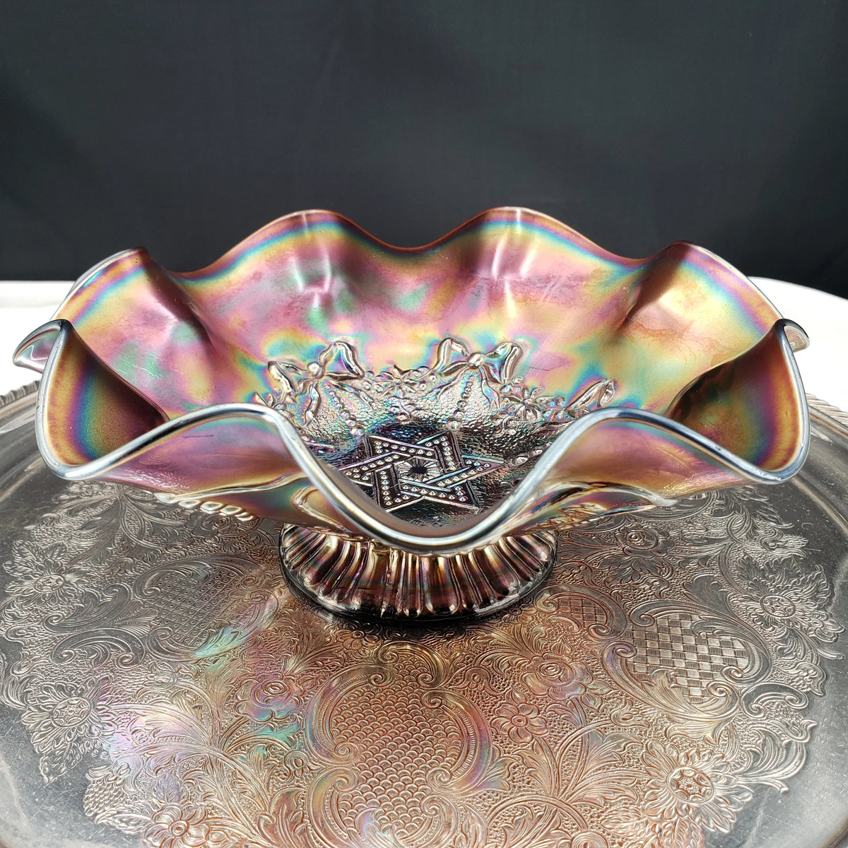 Antique Northwood Star of David & Bows Carnival Glass Bowl