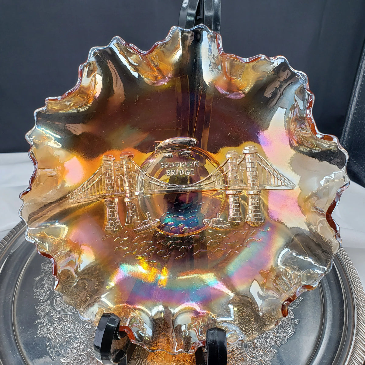 Rare Dugan Marigold Carnival Glass Bowl – Brooklyn Bridge & Airship Pattern – Early 1900s Vintage Collectible