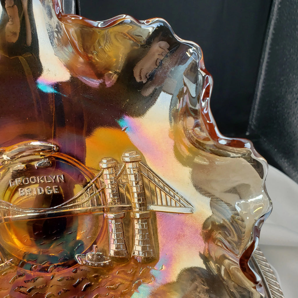 Rare Dugan Marigold Carnival Glass Bowl – Brooklyn Bridge & Airship Pattern – Early 1900s Vintage Collectible