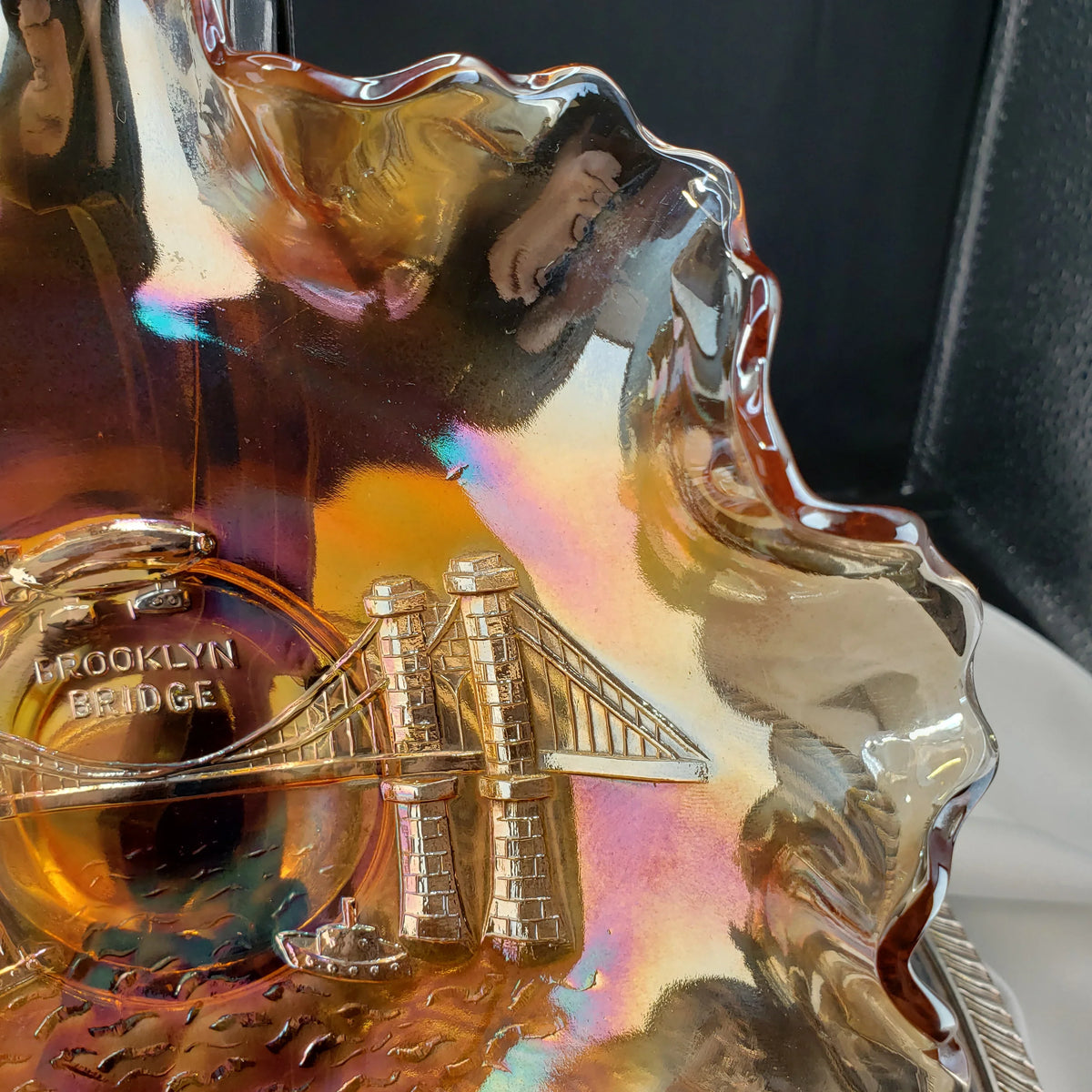 Rare Dugan Marigold Carnival Glass Bowl – Brooklyn Bridge & Airship Pattern – Early 1900s Vintage Collectible