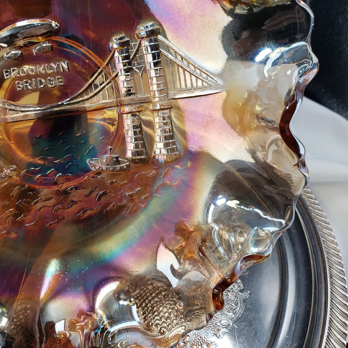 Rare Dugan Marigold Carnival Glass Bowl – Brooklyn Bridge & Airship Pattern – Early 1900s Vintage Collectible