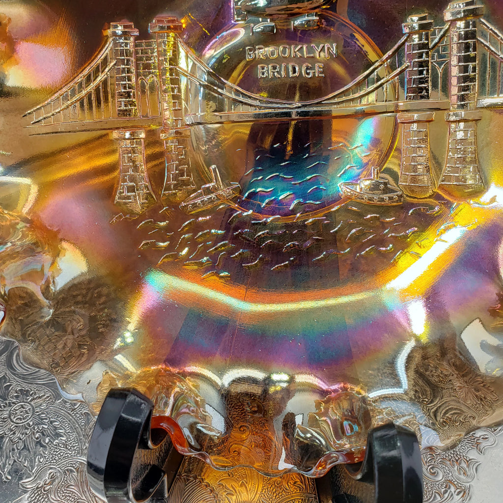 Rare Dugan Marigold Carnival Glass Bowl – Brooklyn Bridge & Airship Pattern – Early 1900s Vintage Collectible