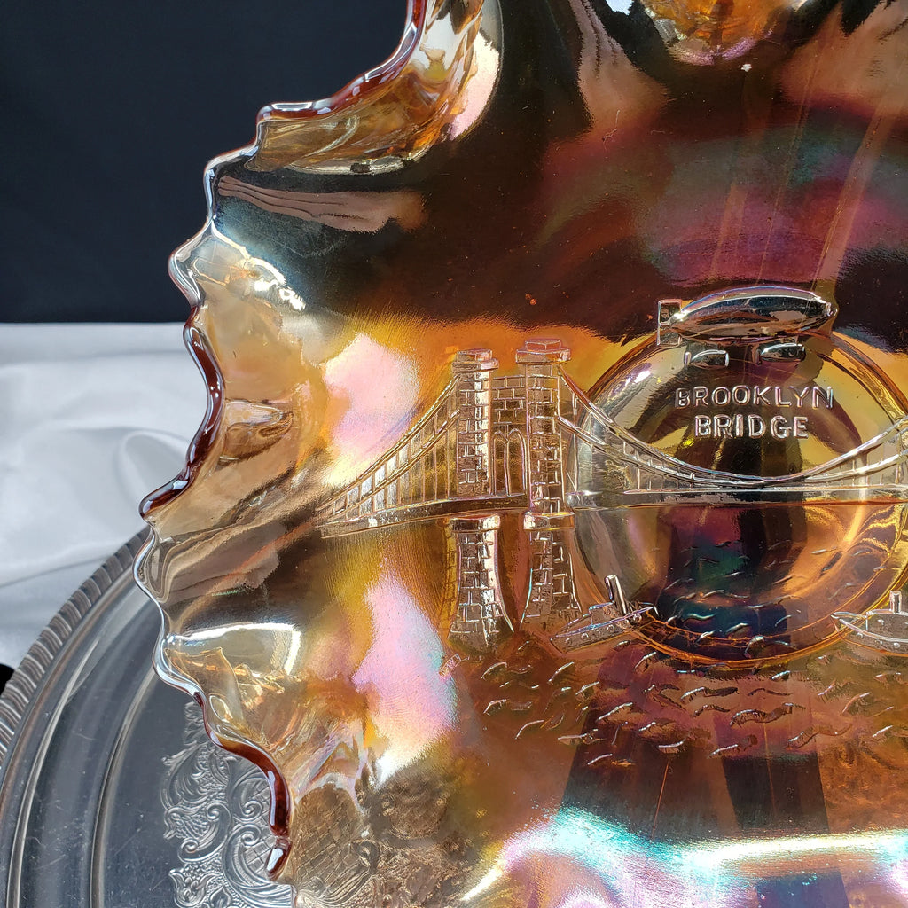 Rare Dugan Marigold Carnival Glass Bowl – Brooklyn Bridge & Airship Pattern – Early 1900s Vintage Collectible
