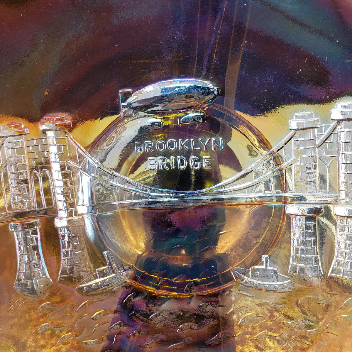 Rare Dugan Marigold Carnival Glass Bowl – Brooklyn Bridge & Airship Pattern – Early 1900s Vintage Collectible