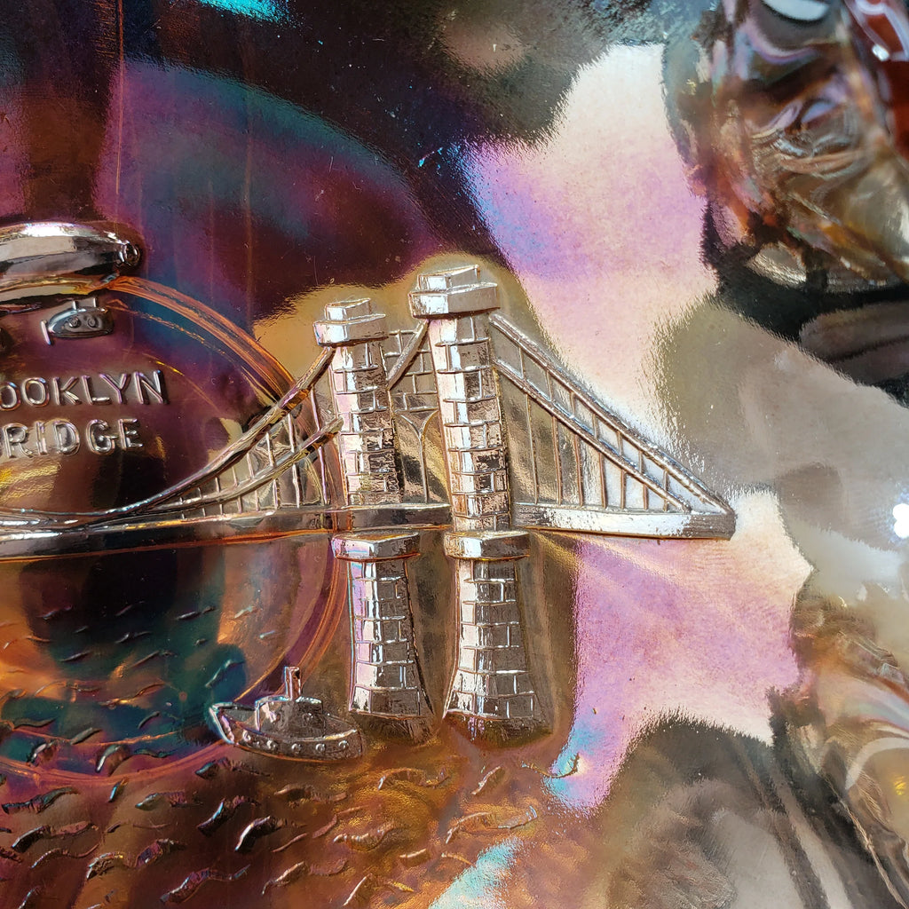 Rare Dugan Marigold Carnival Glass Bowl – Brooklyn Bridge & Airship Pattern – Early 1900s Vintage Collectible