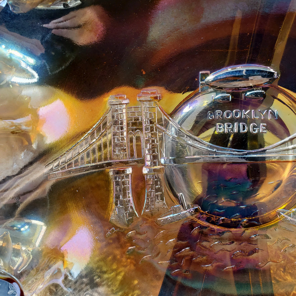 Rare Dugan Marigold Carnival Glass Bowl – Brooklyn Bridge & Airship Pattern – Early 1900s Vintage Collectible