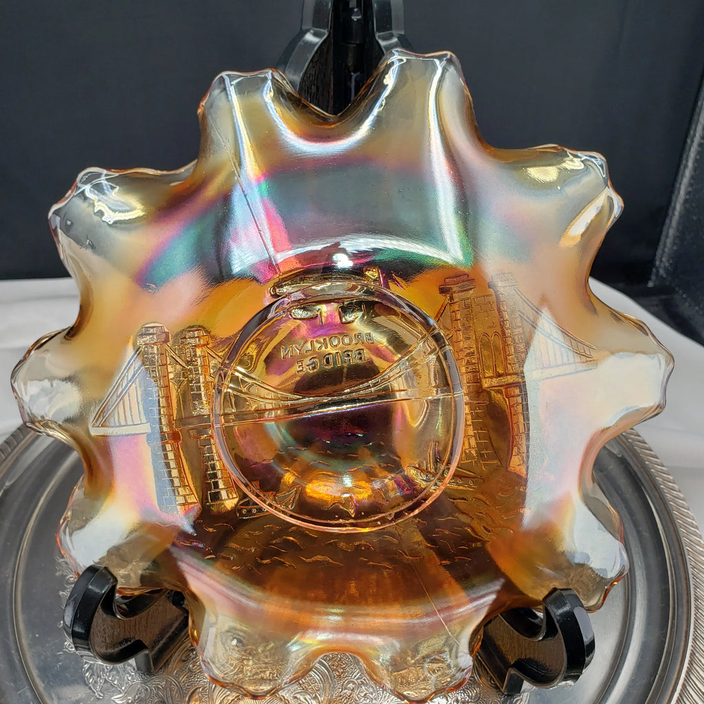 Rare Dugan Marigold Carnival Glass Bowl – Brooklyn Bridge & Airship Pattern – Early 1900s Vintage Collectible