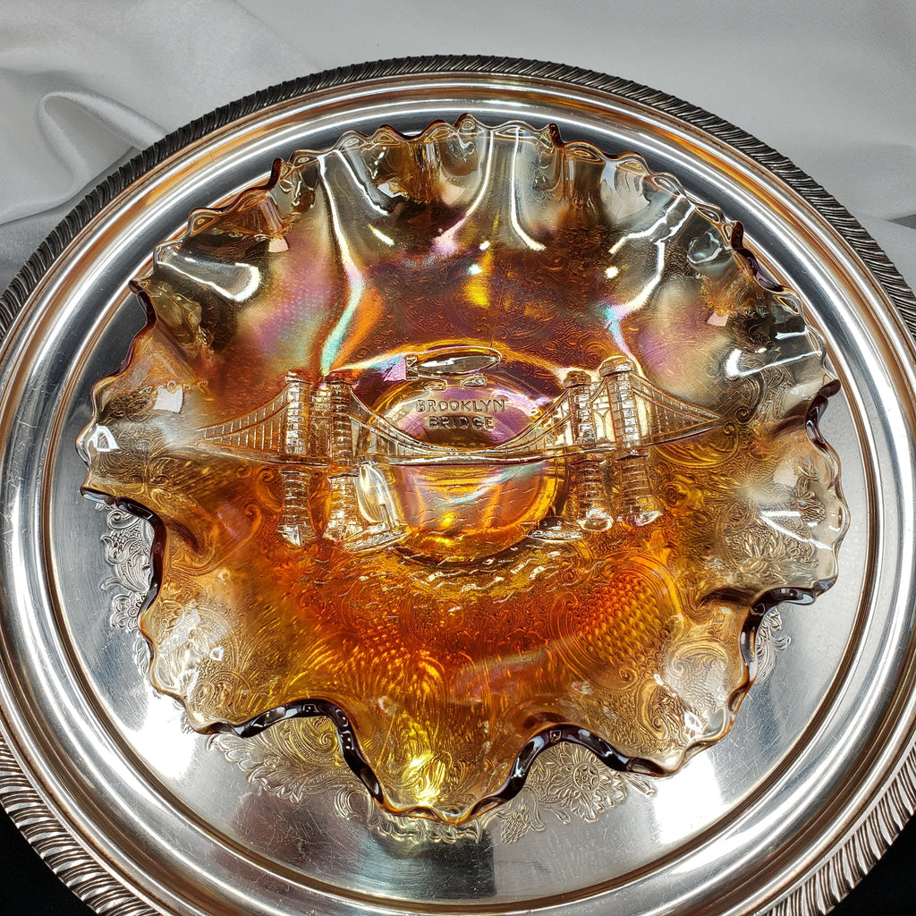 Rare Dugan Marigold Carnival Glass Bowl – Brooklyn Bridge & Airship Pattern – Early 1900s Vintage Collectible
