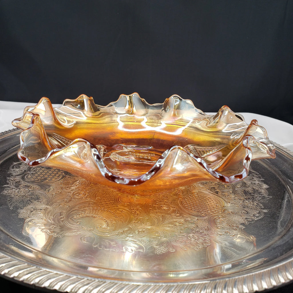 Rare Dugan Marigold Carnival Glass Bowl – Brooklyn Bridge & Airship Pattern – Early 1900s Vintage Collectible