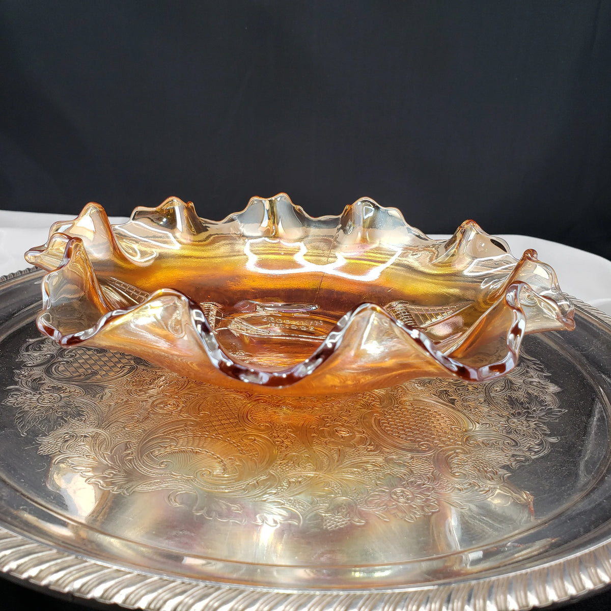 Rare Dugan Marigold Carnival Glass Bowl – Brooklyn Bridge & Airship Pattern – Early 1900s Vintage Collectible