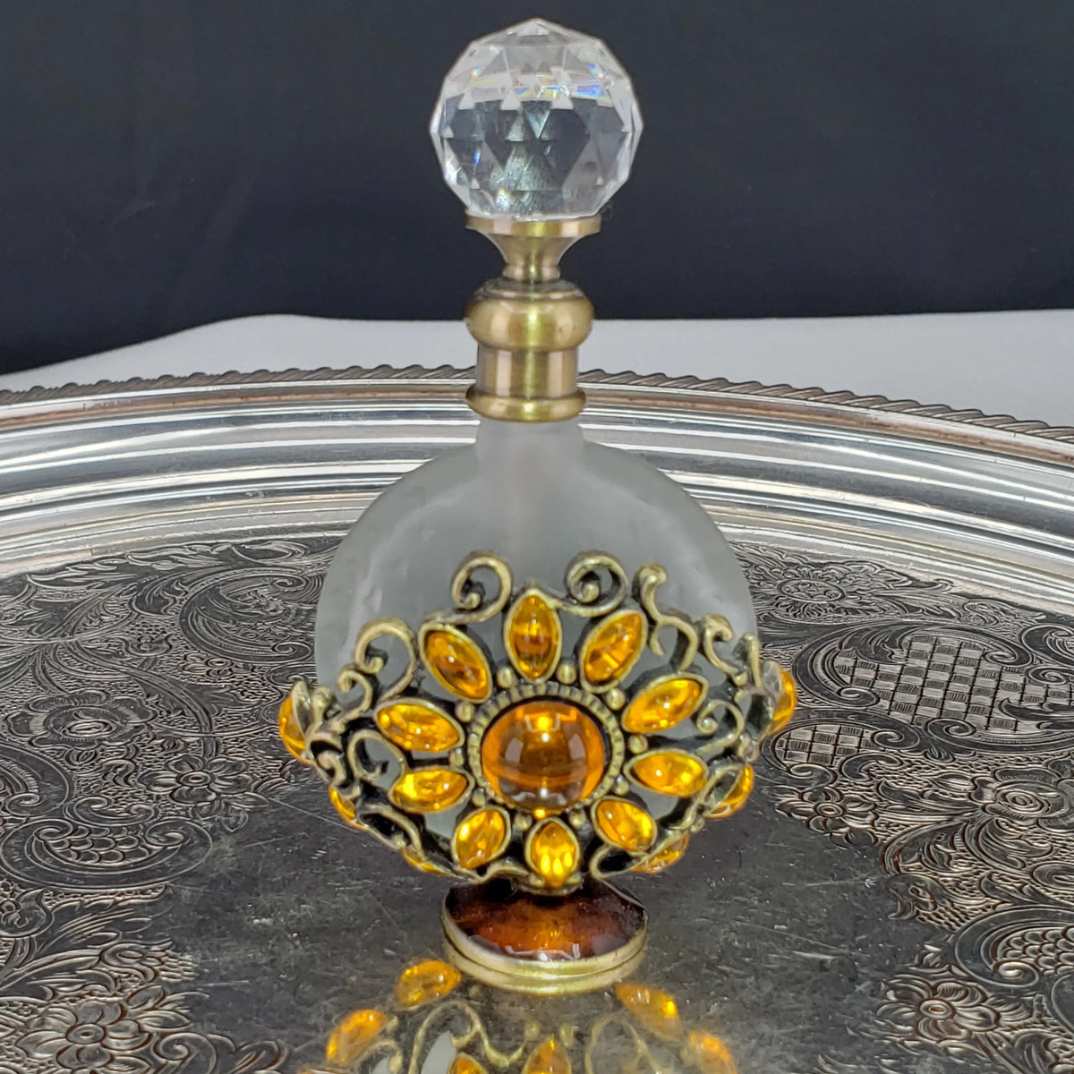 Vintage Alice Aliya Footed Perfume Bottle – Amber Jeweled Art Glass Vanity Decor