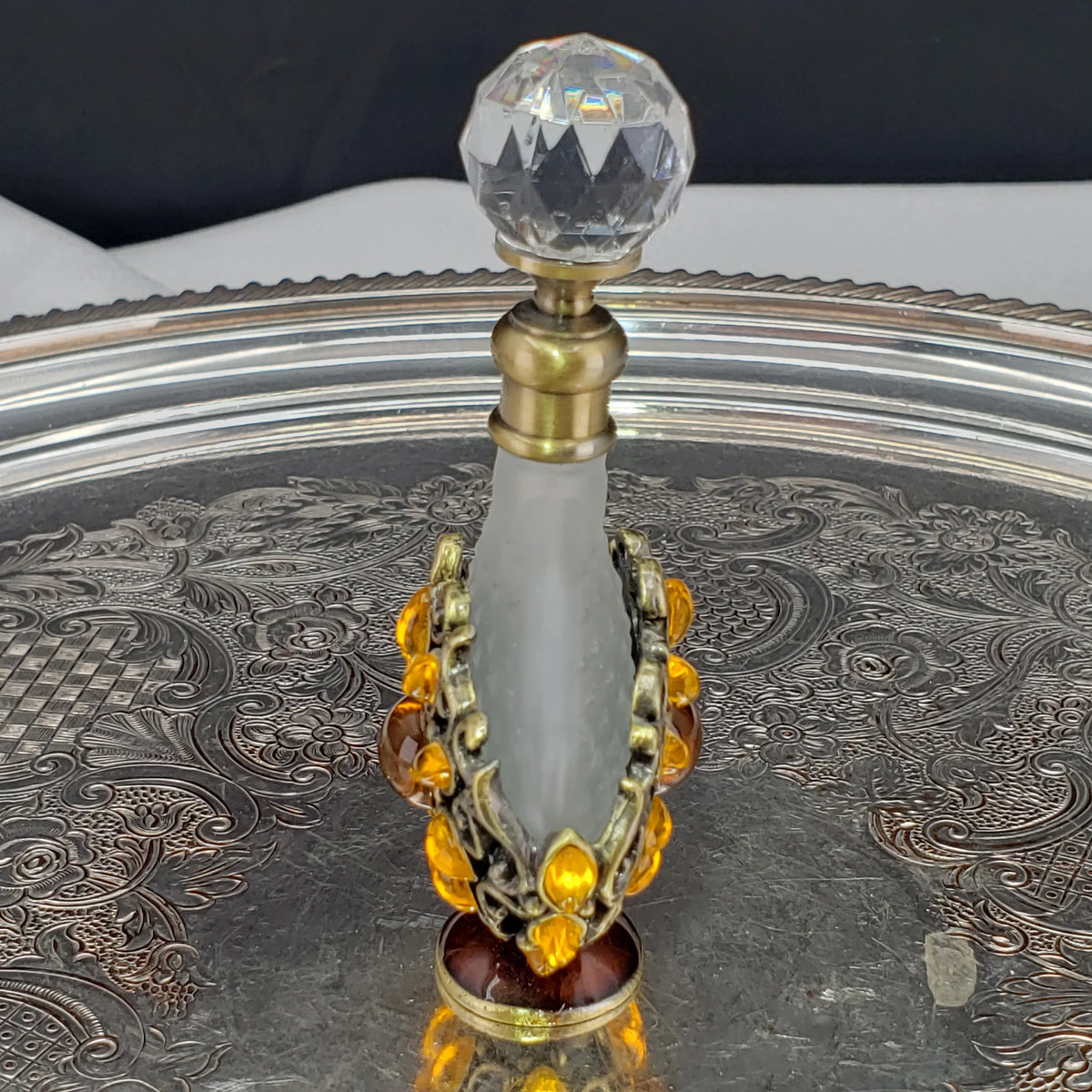 Vintage Alice Aliya Footed Perfume Bottle – Amber Jeweled Art Glass Vanity Decor