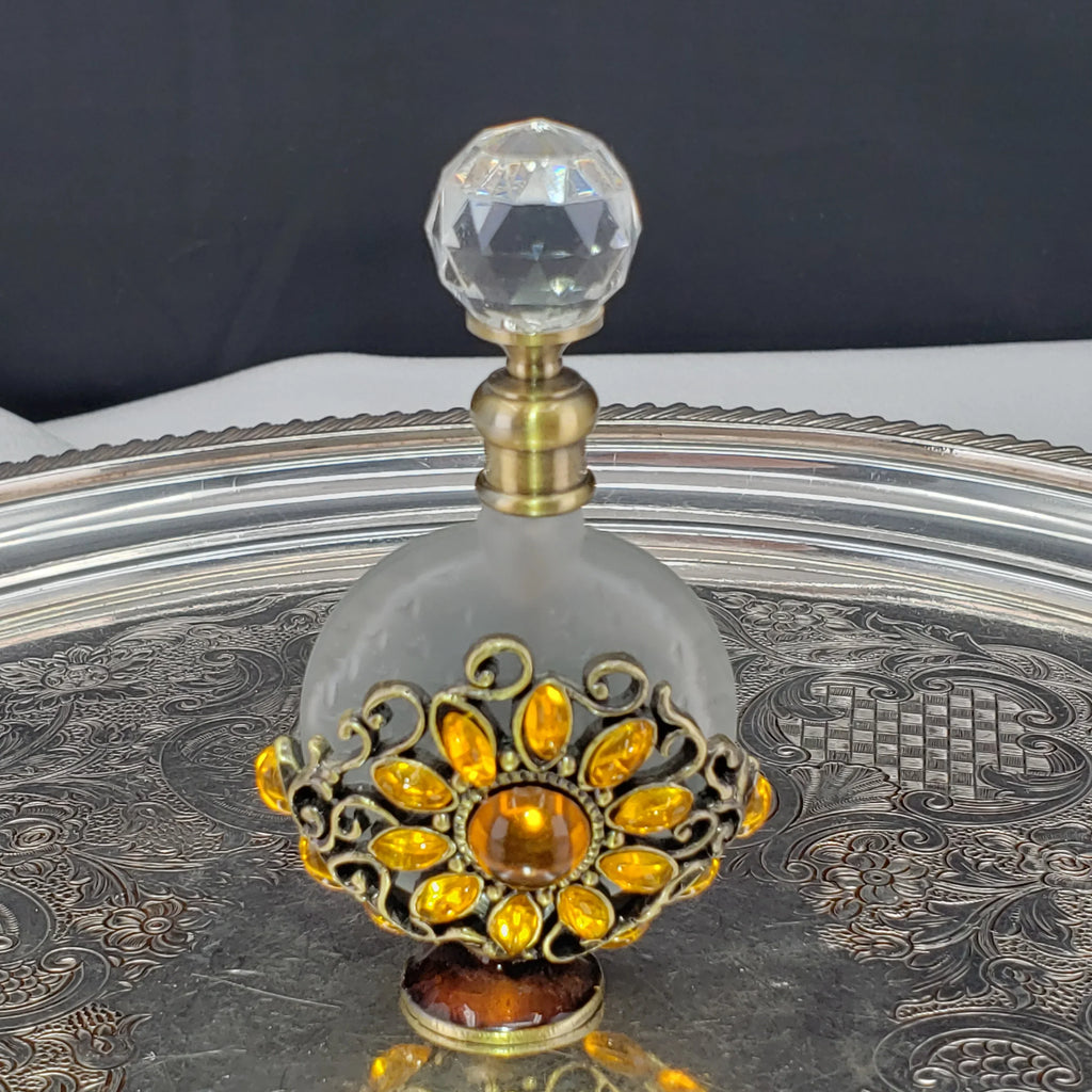 Vintage Alice Aliya Footed Perfume Bottle – Amber Jeweled Art Glass Vanity Decor
