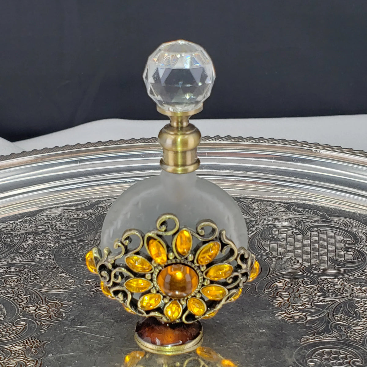 Vintage Alice Aliya Footed Perfume Bottle – Amber Jeweled Art Glass Vanity Decor