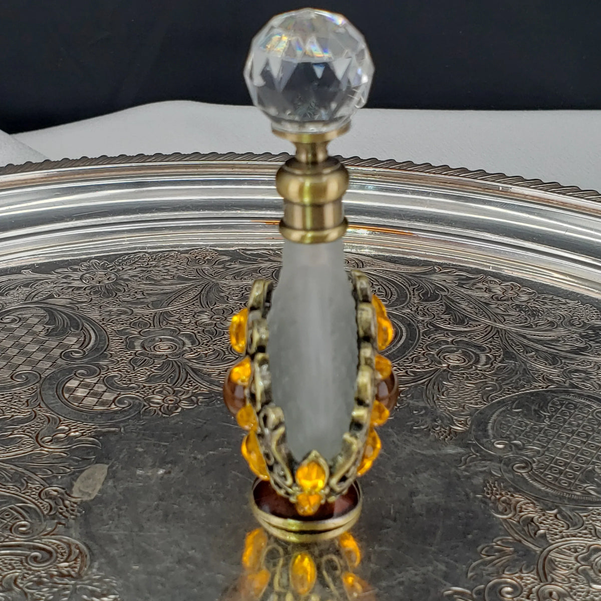 Vintage Alice Aliya Footed Perfume Bottle – Amber Jeweled Art Glass Vanity Decor