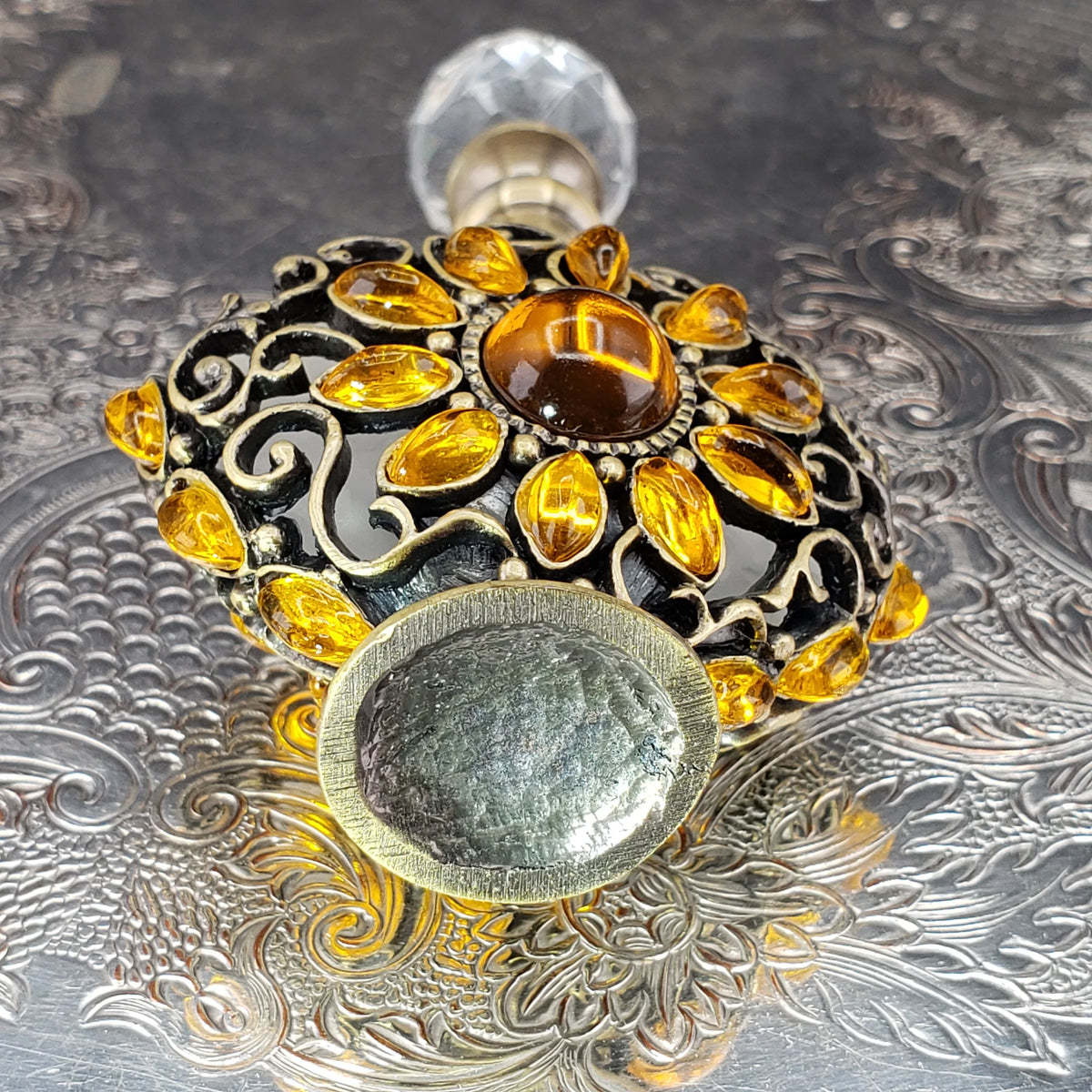 Vintage Alice Aliya Footed Perfume Bottle – Amber Jeweled Art Glass Vanity Decor