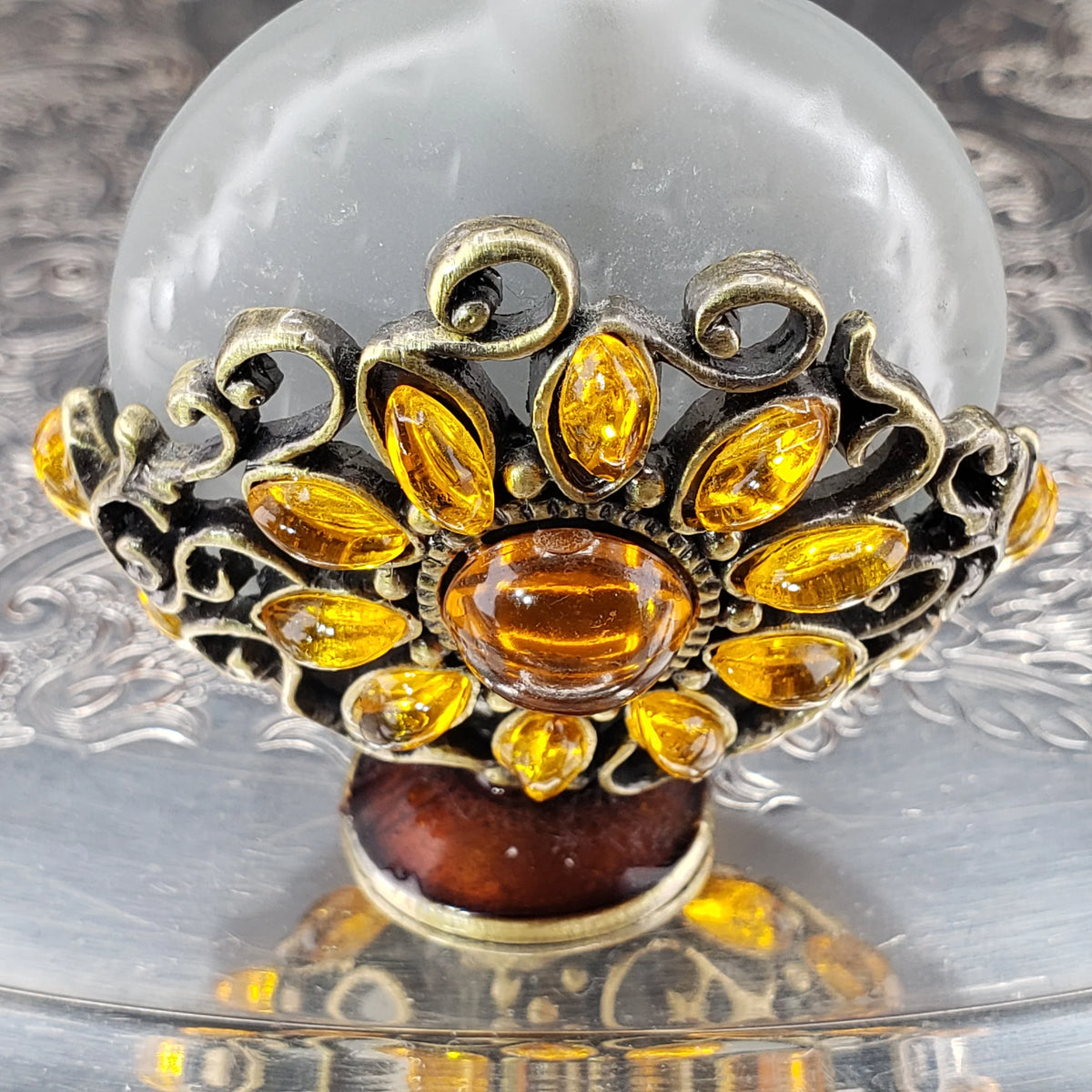 Vintage Alice Aliya Footed Perfume Bottle – Amber Jeweled Art Glass Vanity Decor