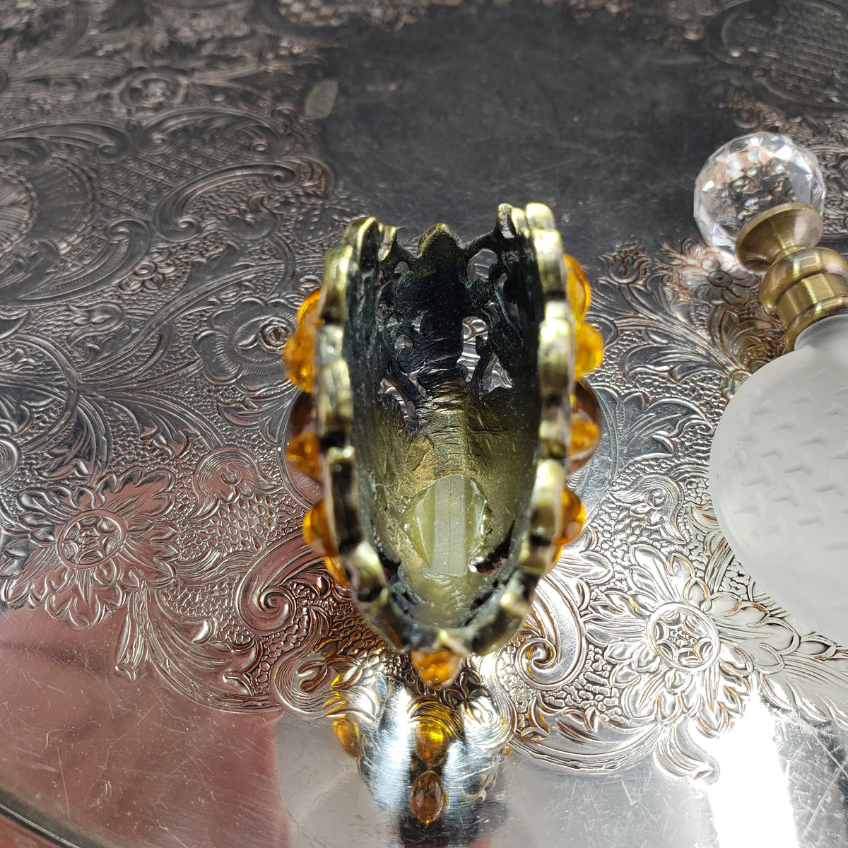 Vintage Alice Aliya Footed Perfume Bottle – Amber Jeweled Art Glass Vanity Decor