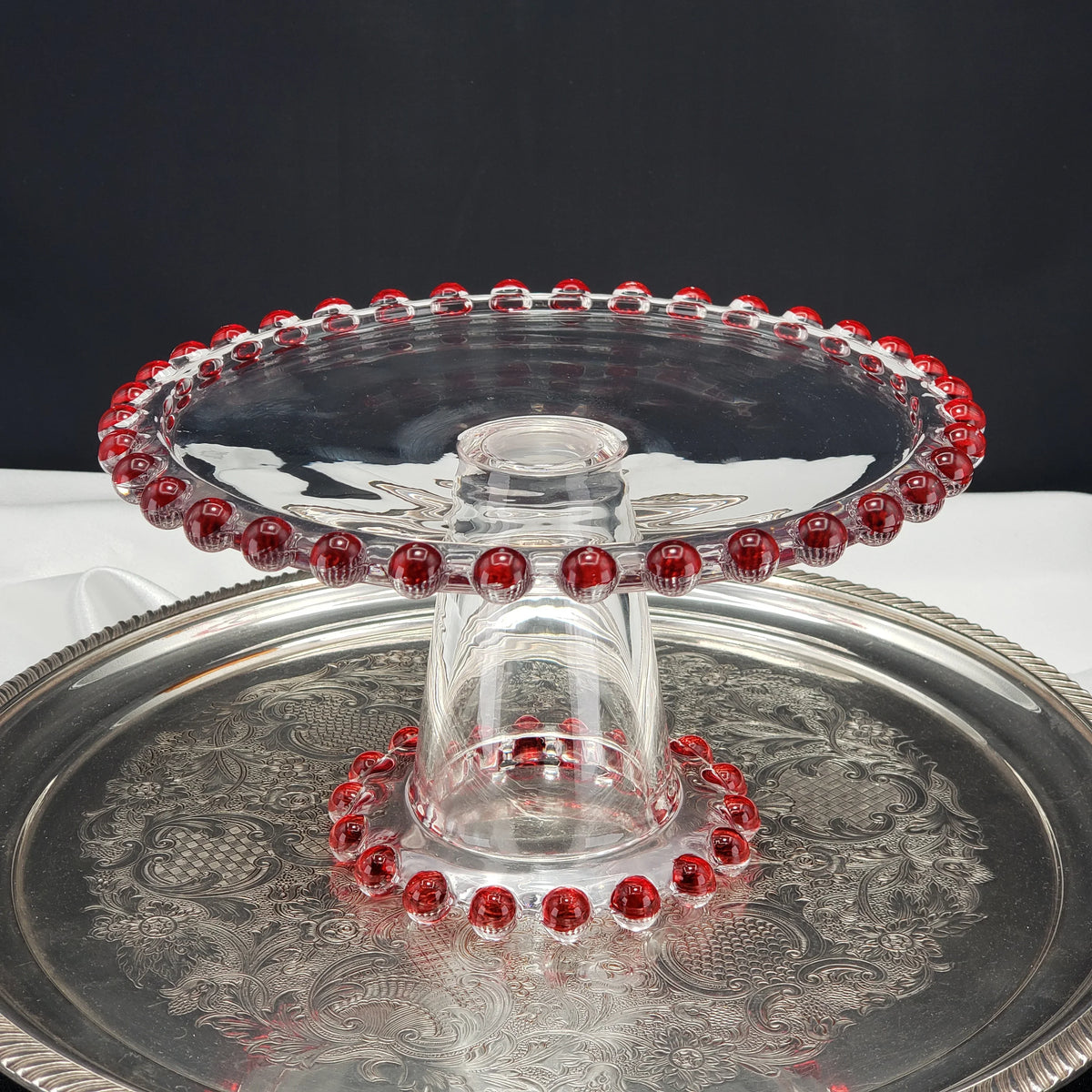Vintage Candlewick Glass Cake Stand – Ruby Red Beaded Trim