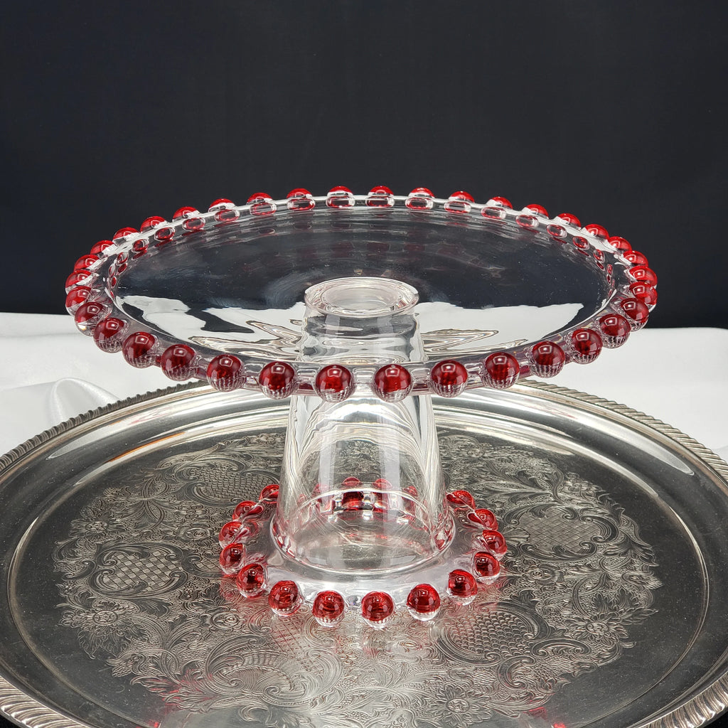 Vintage Candlewick Glass Cake Stand – Ruby Red Beaded Trim