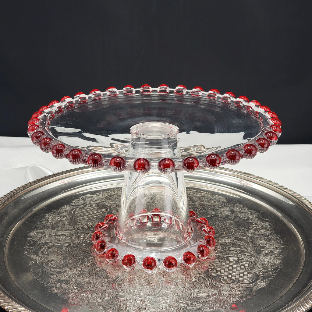 Vintage Candlewick Glass Cake Stand – Ruby Red Beaded Trim