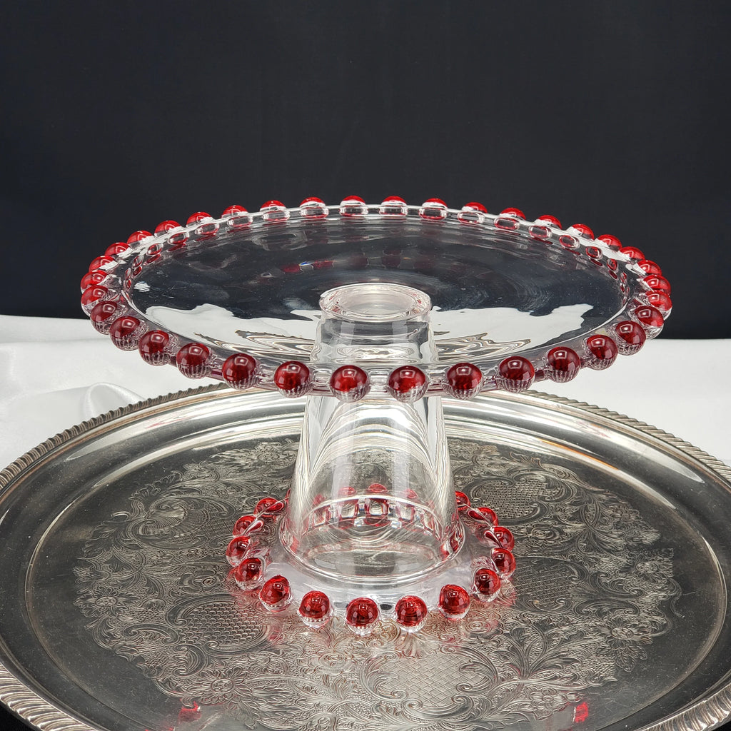 Vintage Candlewick Glass Cake Stand – Ruby Red Beaded Trim