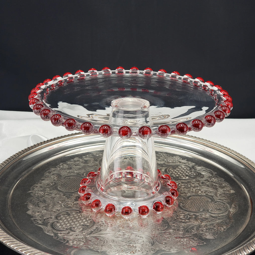 Vintage Candlewick Glass Cake Stand – Ruby Red Beaded Trim