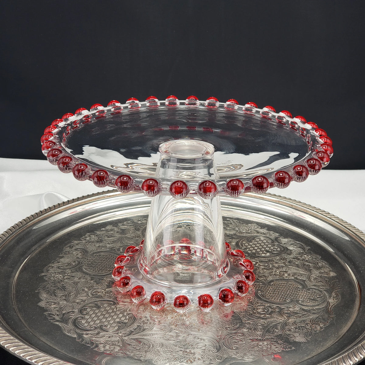 Vintage Candlewick Glass Cake Stand – Ruby Red Beaded Trim
