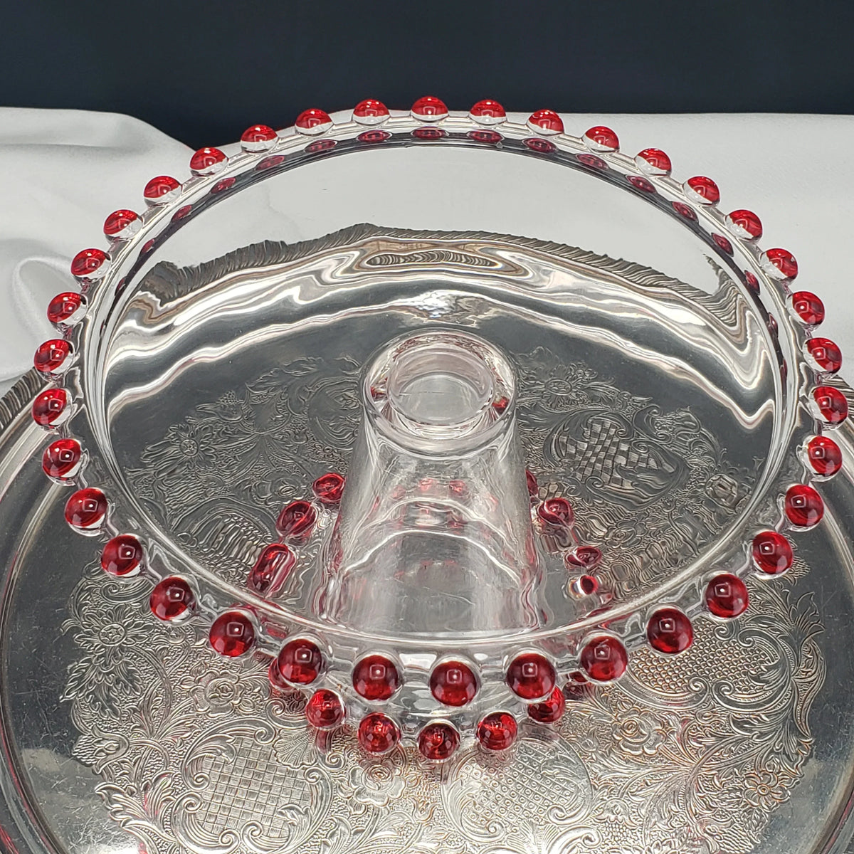 Vintage Candlewick Glass Cake Stand – Ruby Red Beaded Trim