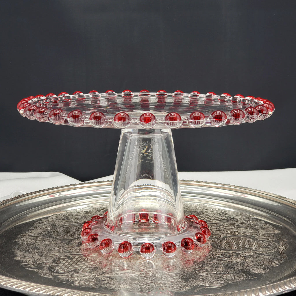 Vintage Candlewick Glass Cake Stand – Ruby Red Beaded Trim