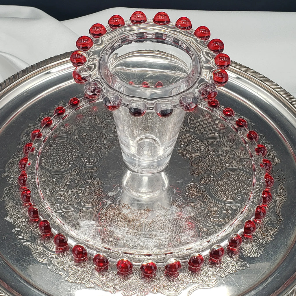 Vintage Candlewick Glass Cake Stand – Ruby Red Beaded Trim