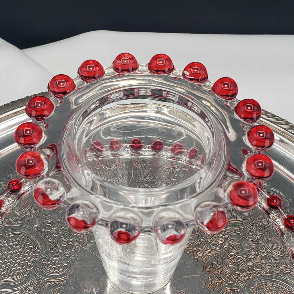 Vintage Candlewick Glass Cake Stand – Ruby Red Beaded Trim