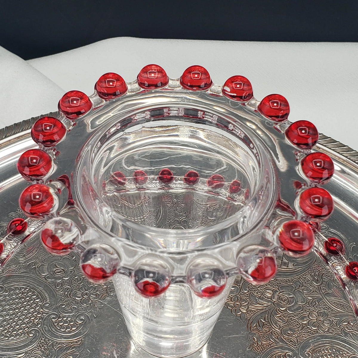 Vintage Candlewick Glass Cake Stand – Ruby Red Beaded Trim