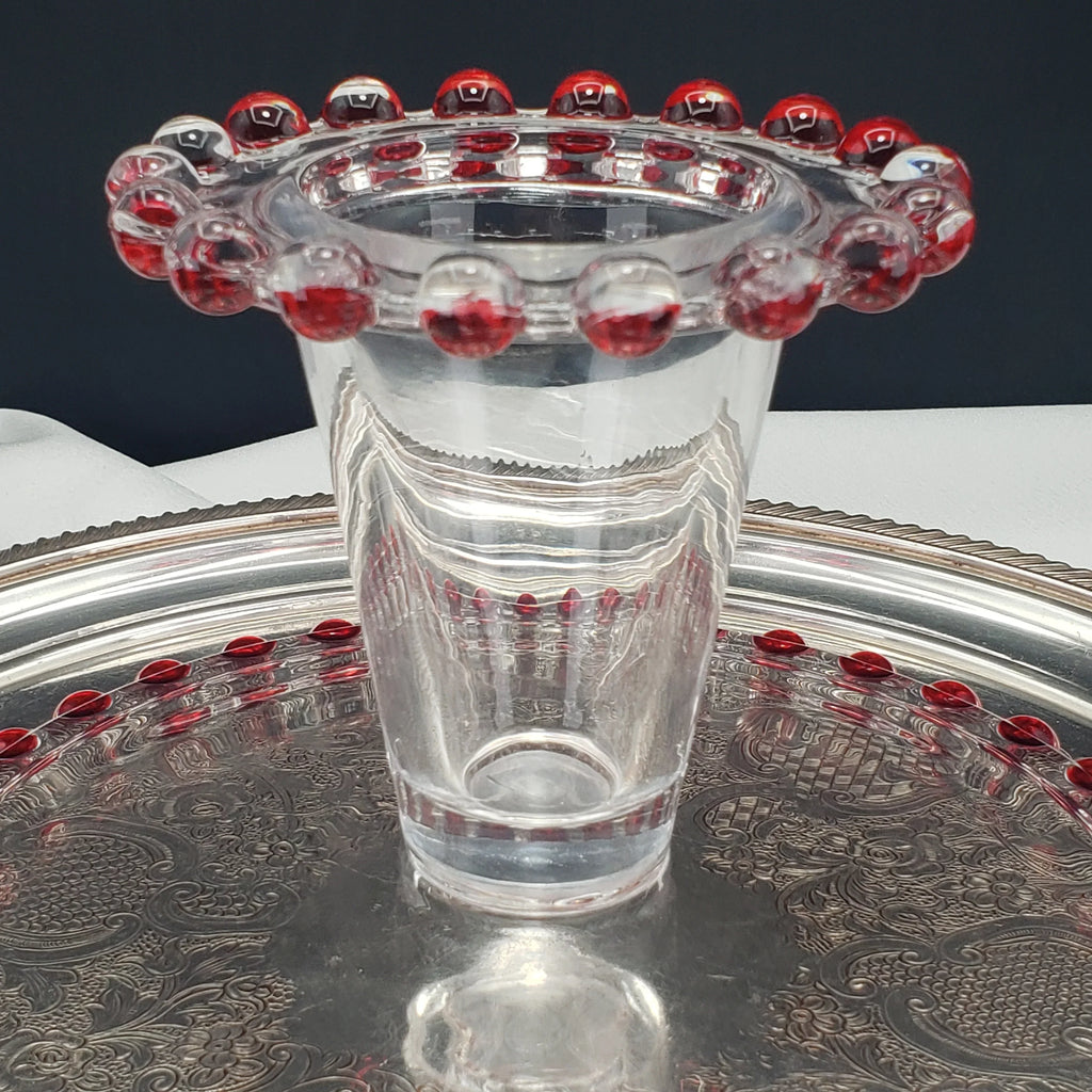 Vintage Candlewick Glass Cake Stand – Ruby Red Beaded Trim