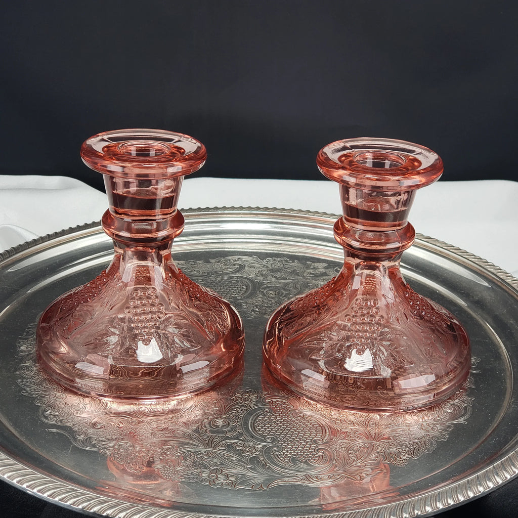 Vintage Pink Depression Glass Candle Stick Holders - One Pair Grape Pattern