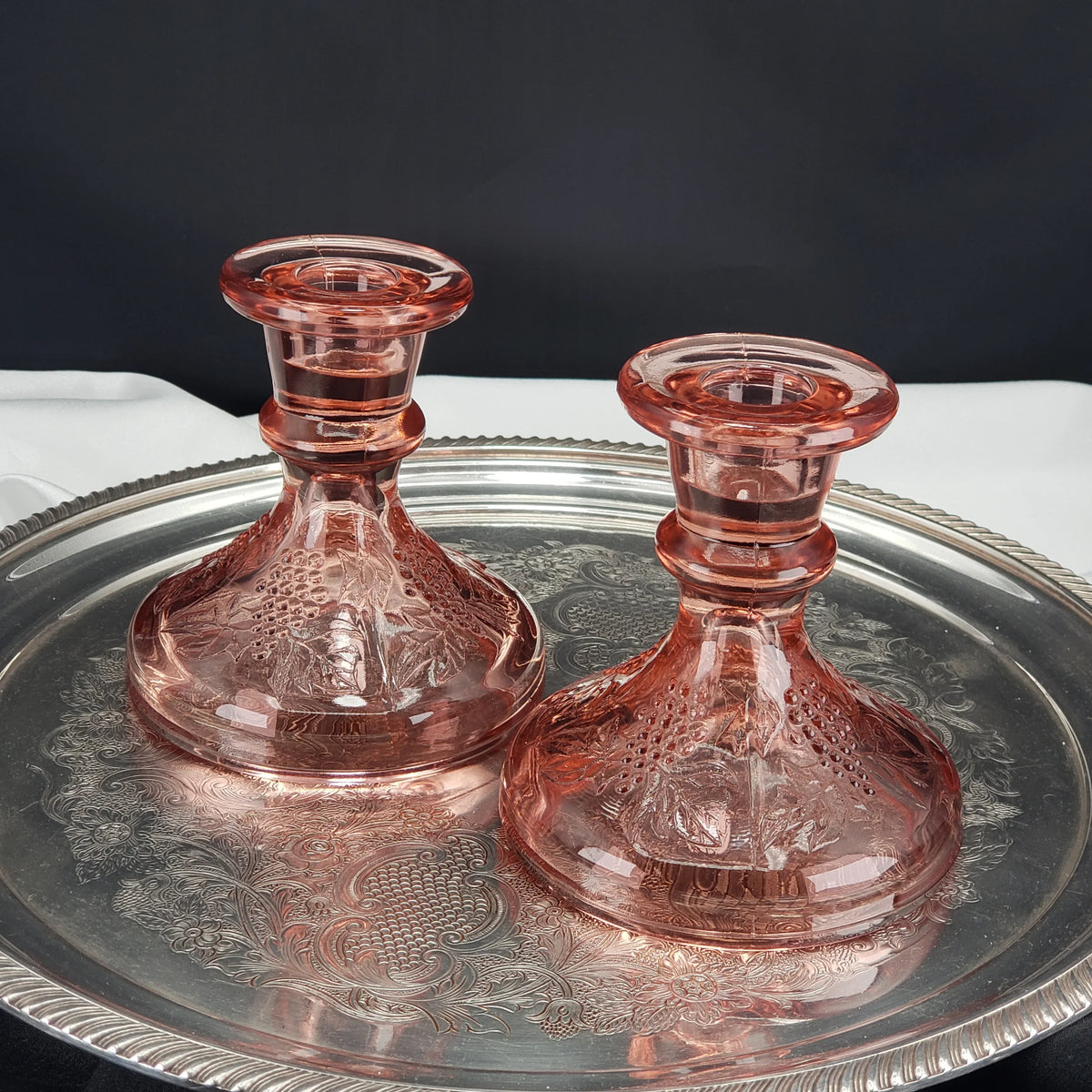 Vintage Pink Depression Glass Candle Stick Holders - One Pair Grape Pattern